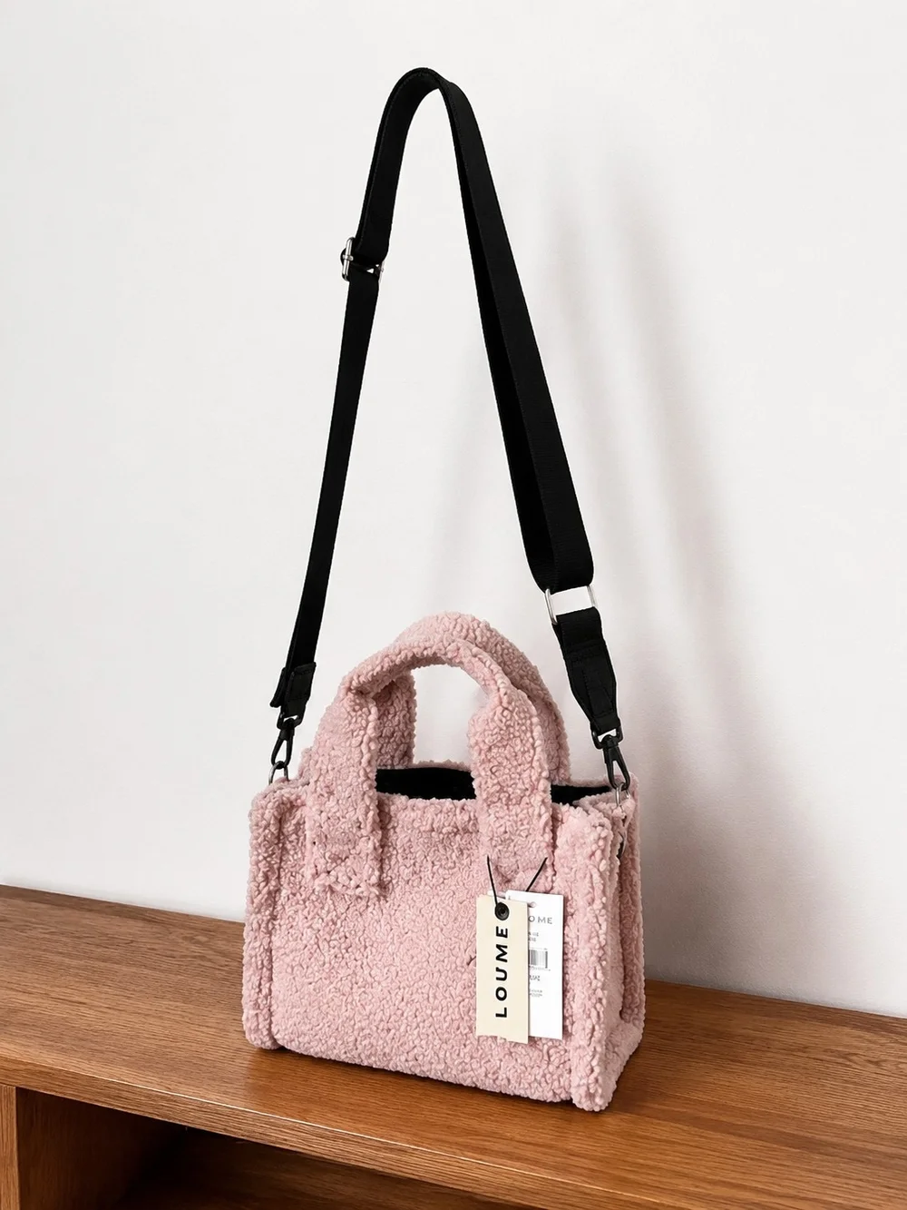 LOUME Pink Faux-Shearling Crossbody Tote with Detachable Black Strap